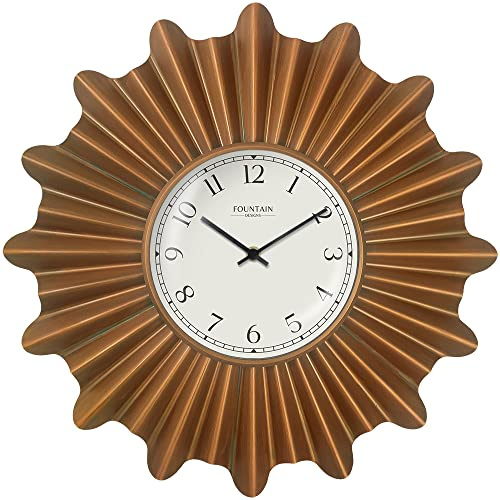 FOUNTAIN DESIGNS 18 Inch Mid Century Modern Starburst Wall Clock,Silent Non Ticking Metal Wall Clock Decorative for Living Room Decor,Antique Copper