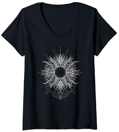Damen Sommer Sonne Symbol Mittsommer Sonne Fineline Tattoo T-Shirt mit V-Ausschnitt