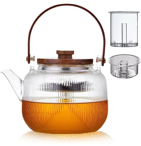 PORPOR BOOYA Glass Teapot Stovetop with Removable Infuser and Wooden Lid, Borosilicate Glass Tea Kettle, 33oz/1000ml, Gas & Electric Stovetop Safe