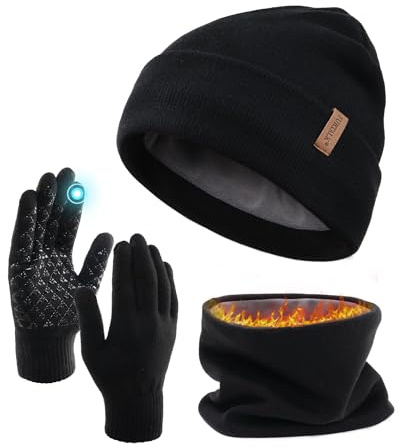 FURTALK Unisex Winter Beanie Mütze Schal und Handschuhe im 3er-Set Herren Damen Wintermütze Winterschal Touchscreen Handschuhe mit weiches Fleecefutter