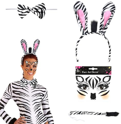 Sunwuun Zebra Kostüm Damen und Kinder,Zebra Ohren Haarreif Schwänze Schleifen,Zebra Gesicht Aufkleber,Haarreif Fasching,Dschungel Kostüm Damen,Tierkostüm Damen,Karneval Thema Party Kostüm Zubehör