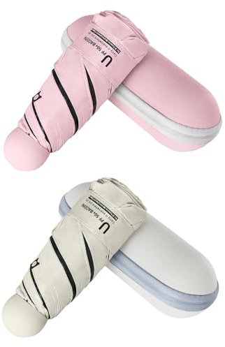 BAODINI Mini reseparaply med fodral litet kompakt UV-paraplyskydd sol lätt litet fickparaply, 2-pack rosa och beige, Mini