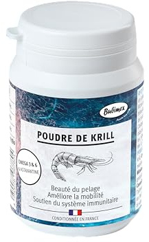 Bubimex Krillpulver - 100% naturligt kosttillskott för hundar och katter - rik på Omega 3 och 6 - Astaxantine - pälsskönhet, rörlighet och immunsystem - 60 g