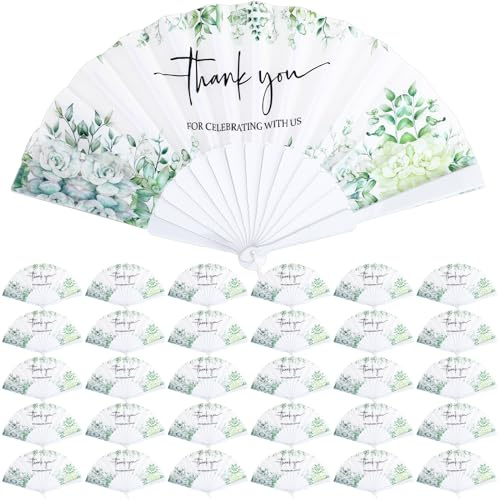 Kigley 48 Pcs Wedding Fans for Guests, Elegant White Folding Fans for Wedding Guests Party Favors, with Green Eucalyptus Leaves Ink Prints, Fabric Sector, Bridal Shower & Anniversary Thank You Gifts