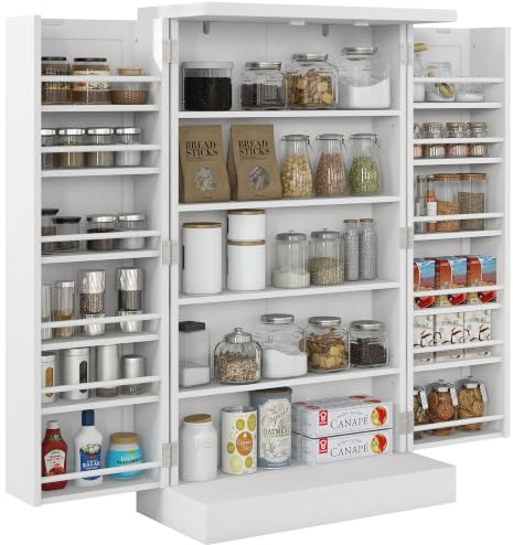 HOMCOM Kitchen Cupboard 104cm Freestanding Pantry Cabinet 5 Tiers White | Kitchen Storage Organiser, Double Doors, 12 Spice Racks, Adjustable Shelves