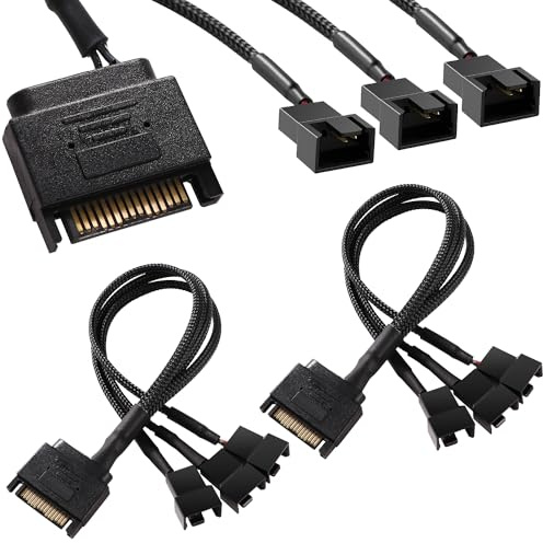 KUOQIY 2 Stücke SATA auf Lüfter Splitter Adapter Kabel, 15 Pin auf 3 x 3/4 Pin PMW 12V PC-Gehäuselüfter Stromadapterkabel, Konverter