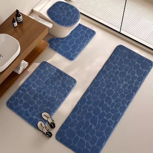Lifup Badteppich Set 4 Teiliges, rutschfeste Mikrofaser Flauschige Badematte Saugfähig Contour Badezimmerteppich mit Toilettendeckelabdeckung Blau 2 50x80cm+40x60cm+U40x50cm+40x40cm