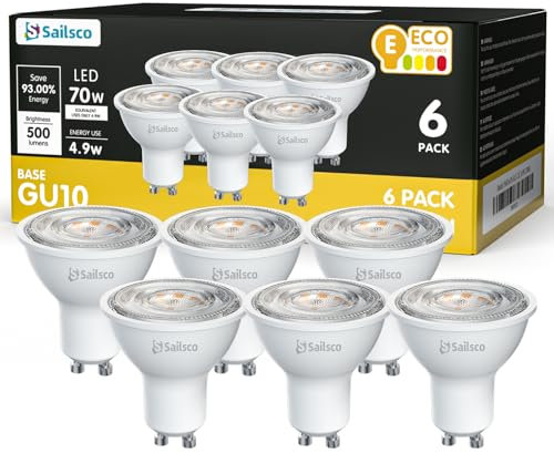sailsco Bombillas LED GU10 Blanco Cálido 2700K 4.9W 500lm,Bombillas LED GU10 de bajo consumo,Bombillas incandescentes de 70W equivalentes,Sin parpadeo,No regulables,Pack de 6