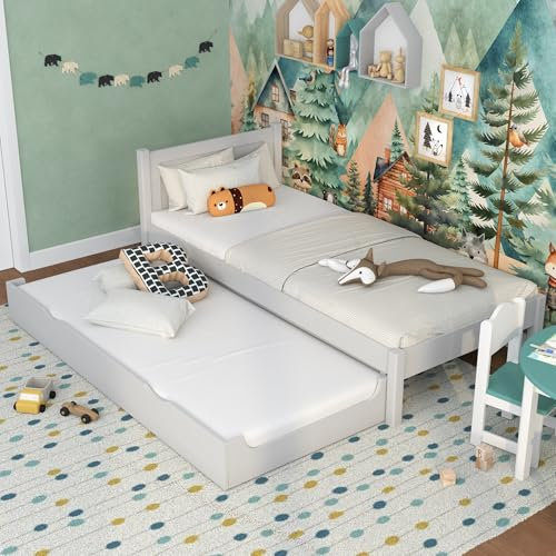 N-wood N02 Massivholzbett mit Ausziehbett 90x200 cm, 100% aus Massivholz, Bett für Kinder, Jugendliche und Erwachsene, sichere abgerundete Kanten, Hochwertige und umweltfreundliche Lacke, Grau