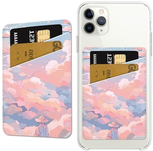 CREATCABIN Pink Clouds Phone Card Holder Leather Cell Phone Wallet Stick on Adhesive Anime Credit Card Holder Slim Double Pocket Sticker for Back of Phone Case Compatible with Most Phone 3.7x2.5 Inch