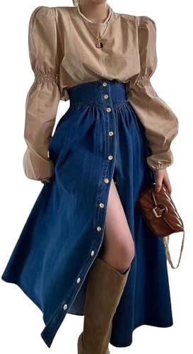 utcoco Women's High Waist Long Denim Skirt Button Down Swing A-Line Jean Maxi Skirt with Pockets (Medium, Dark Blue)