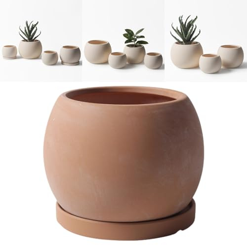 Boxonly Plant Pot Medium (18 cm), Decorative Ceramic Planter with Drainage Holes and Tray, Nordic Style Indoor & Outdoor Flower Pot for House Plants, Red Terracotta Planter (Medium)