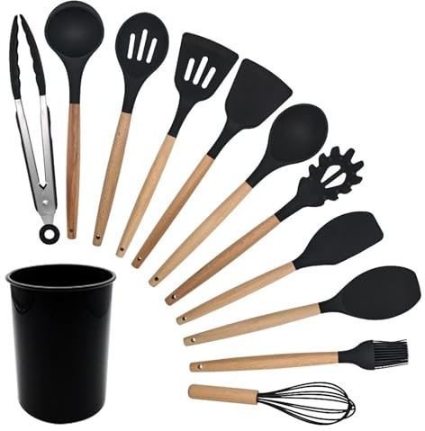 12pcs Kitchen Utensil Set Silicone Kitchen Utensil Set Cooking Utensils Set Baking Set Cooking Gadgets Tools Kitchen Accessories for Cooking and Baking(Color:Black)