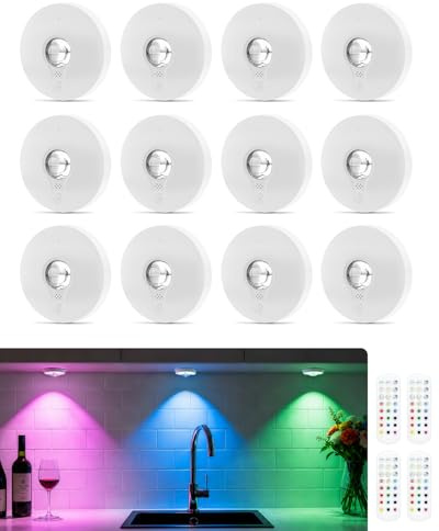 WUYOR USB uppladdningsbar RGB LED-spots batteri med fjärrkontroll, färgväxling LED inbyggd lampa, magnetisk dimbar batteri skåpbelysning, trådlös vitrinbelysning med timing-funktion vit 12 st