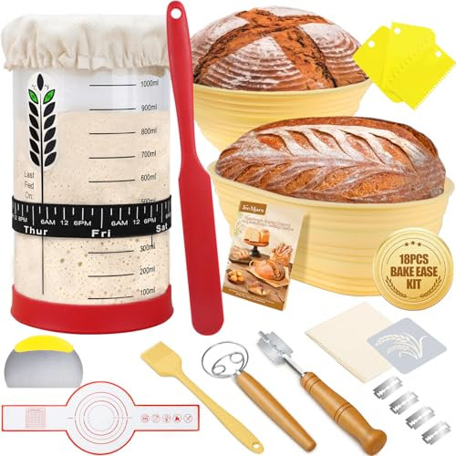 BakeEase Sourdough Kit for Beginners, 1200ml Sourdough Jar, 2 Silicone Proofing Baskets, Thermometer, Feeding Tracker, Sourdough Recipe, Dutch Oven Sling, Scrapers, 18PCS Sourdough Starter Kit