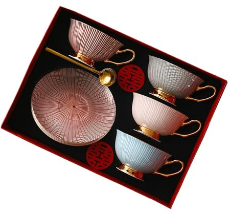 Tasse à café et soucoupe en porcelaine anglaise minimaliste et personnalisée de 220 ml, service à thé domestique, tasse à thé de l'après-midi - gris/rose/bordeaux/bleu clair (boîte rouge exquise)