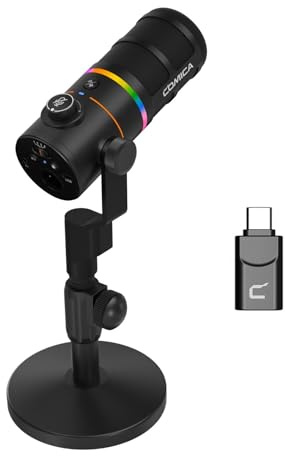 COMICA D10 Pro D XLR USB Dynamisches Mikrofon mit Empfänger-Desktop-Mikrofonständer für Gaming/TikTok/Podcast-Aufnahmen, unterstützt RGB-Licht-Stummschalttaste für PC, Smartphone, Computer (Schwarz)