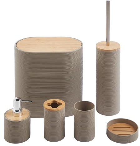 IlGruppone Set Completo Accessori Bagno 6 Pezzi Design Moderno in Plastica e bambù Incluso Cestino Pattumiera,Dispenser Sapone, PortaSaponetta, Porta Spazzolini - Caffe