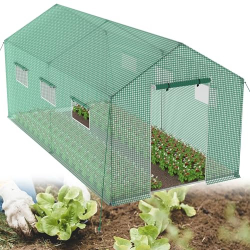 QEENTOE Gartengewächshäuser Grün Gewächshaus mit Tür Tomatengewächshaus Folienzelt für Garten Pflanzenzelt Frühbeet inkl. Erdanker & aufrollbare Seitenwände mit Moskitonetz Winterfest - 4.5x2x2m