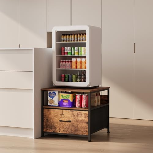 UnbYuro 180 lb Mini Fridge Table with Drawer Fridge Shelf, Mini Fridge Cabinet with Storage,Heavy Duty Fridge Stand with 4 Adjustable Feet for Home Kitchen (Rustic Brown)