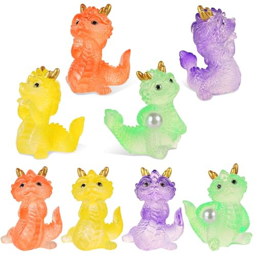 UHOMENY 8pcs Dragon Figurine Statue, Dragon Ornaments Sculpture Mini Resin Dragon Colorful Animals Figures for Desktop Garden Landscape Christmas Birthday Party Decor