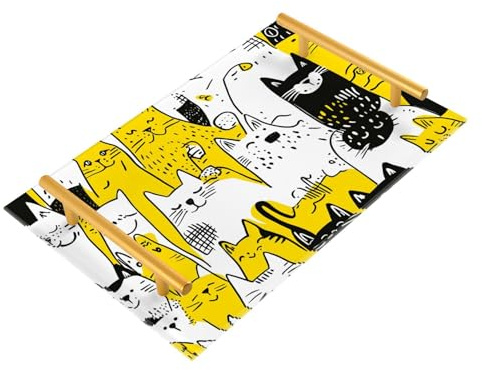 Bandejas decorativas de dibujos animados con asas y asas de gatos blancos, color negro y amarillo, bandeja larga para servir joyas, perfumes, charolas para servir comida