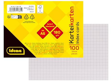 Idena 11385 - Karteikarten A6, 100 Stück kariert, Lernkarten aus 180 g/m² FSC-Mix Papier in Weiß, für Schule und Büro