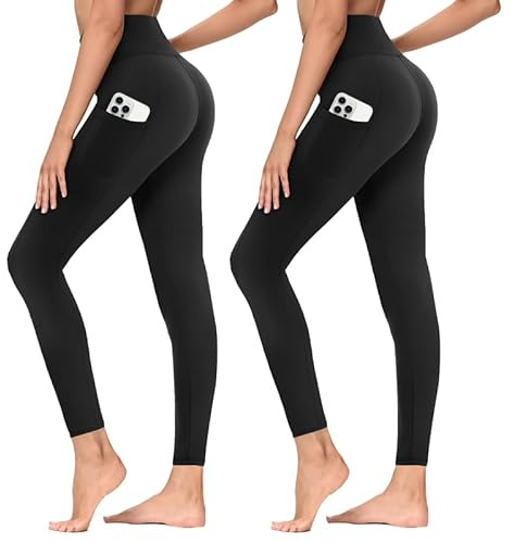 TNNZEET Damleggings, hög midja med fickor, sportbyxor, ogenomskinliga sportleggings, långa mjuka yogabyxor, elastiska byxor, sport, gym, löparbyxor,, A-svart x 2, S-M