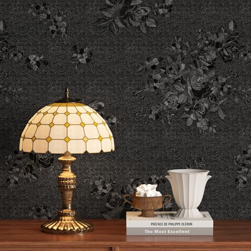 FunStick 40CMX6M Selbstklebende Tapete Schwarz Muster Selbstklebend Strukturtapete Blumen Möbelfolie Schlafzimmer Vintage Rose Selbstklebende Folie Wand Wohnzimmer klebefolie Schrank Blumen Schwarz