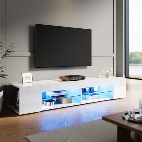 ZANOFIRA TV Stand Cabinet Unit with 16 RGB LED Lights, High Gloss White TV Stand with Glass Shelves & 2 Storage Compartments, 1600 x 390 x 300mm