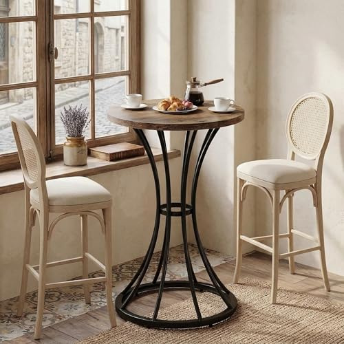Tribesigns Tavolo da bar rotondo, altezza 95 cm, in legno, per bistrot, da pranzo, per 2 persone, con base in metallo, piano 60 x 60 cm, per cucina, caffè, cocktail, marrone (solo tavolo) (1)