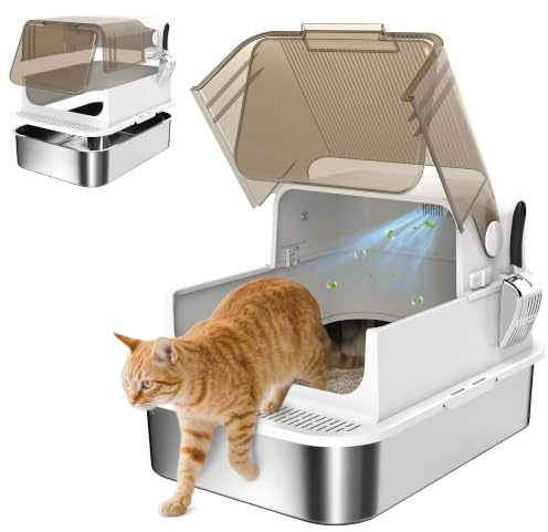PawHut Bac à litière pour Chat fermé avec Pelle 70 x 50 x 46,5 cm Blanc | Maison de Toilette pour Chat, Acier Inoxydable, Couvercle Ouvrable, Anti-Fuite, Nettoyage Facile