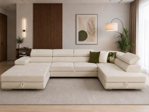 KMK GNYCH U-Form Sofa Rodos 345x202x90 cm, Schlaffunktion, Beige, Rechts | U-Form Sofa, Modern Couch mit mit Bettkasten, Weiches Ecksof fürs Wohnzimmer, Schlafsofa, Eleganter Monolith-Stoff