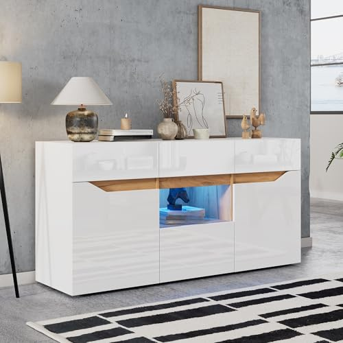 Gxffipw Sideboard Wohnzimmer mit 2 Türen und 4 Schubladen, Kommode Buffetschrank mit LED-Licht und Grifflose Design, Wohnzimmerschrank, Beistellschrank, Schrank Weiß+Holzfarbe, 140x40x70 cm
