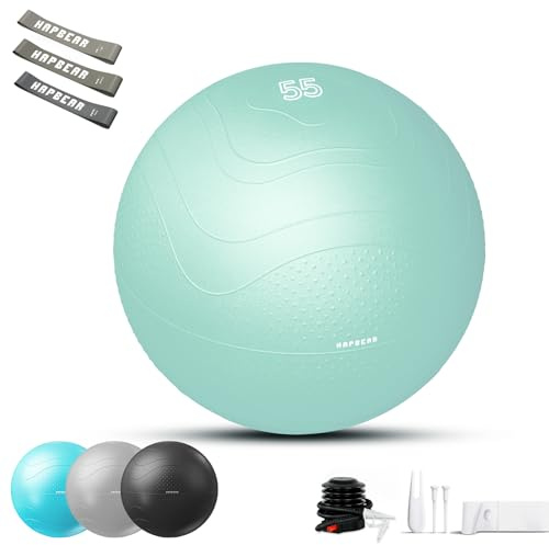 HAPBEAR Exercise Ball 48-55cm - Anti-Burst Slip-Resistant Yoga/Pilates Ball for Core Training & Posture Improvement, Home Gym/Rehab/Pregnancy Ball, Quick Pump & 3 Resistance Bands Included
