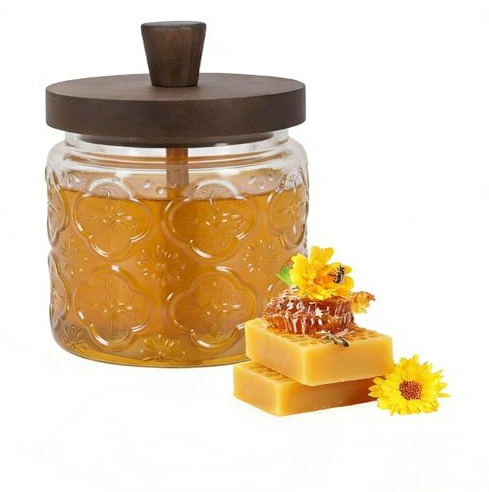 Hynorian Bicchiere da miele con coperchio in legno, dispenser per miele in vetro con coperchio a chiusura ermetica per cucina e tavolo da colazione, contenitore per miele trasparente con cucchiaio di