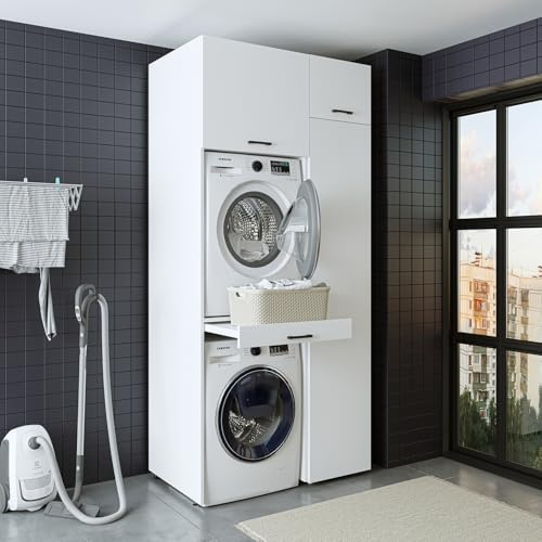 ROOMART Armoire de machine à laver 112 cm - Meuble de machine à laver pour machine à laver et sèche-linge, armoire à tour de lavage, armoire superposée en 3 couleurs (blanc, V2 -HBT : 240 x 112 x 67