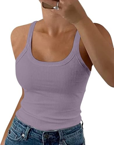 DUOEASE Canotta a Costine Donna Girocollo Spaghetti Top Donna Slim Fit Senza Maniche Canottiera Donna