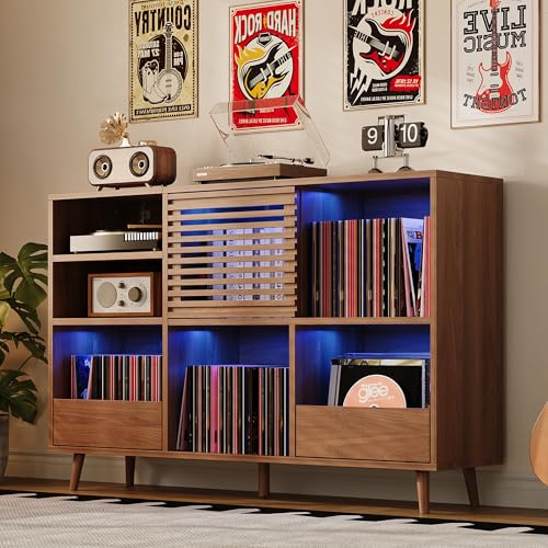 IRONCK Mid Century Modern Record Player Stand, Holds 1000+ Vinyl Records with 2 Drawers, Large Turntable Stand with Charging Station & LED Light, Suitable for Living Room & Entertainment Room, Brown