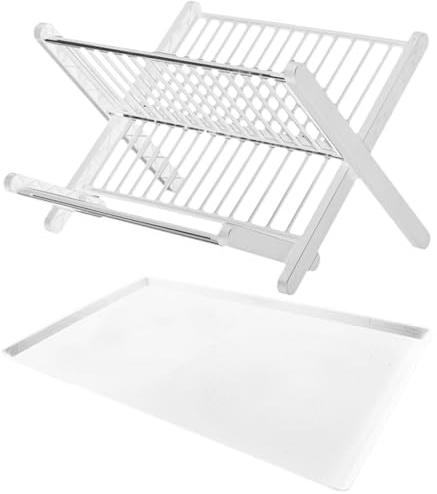 Folding Dish Drainer Kitchen Dish Rack White PP Stainless Steel | Drip Tray Drainage Design, for Dishes and Tableware, Compact Countertop Drying Rack Dishes