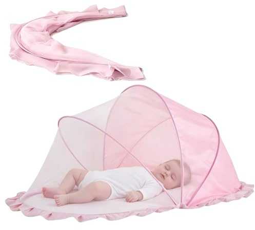 SilverChry Mosquitera Plegable para Bebés, 125×65×60cm, Semiopaca, Plegable, Portátil Mosquito Net, Mosquitera Universal para Cuna de Viaje (Rosa)
