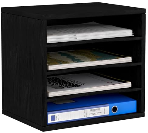 EasyPAG Trä skrivbord 4 nivåer A4 i bricka kontor skrivbord prydlig arkivhållare papper organiserare tidning förvaring arkiveringsställ, svart
