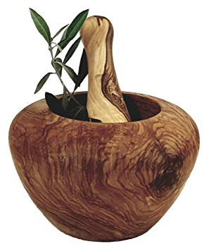 Prosudweb Mortier 18 cm Rond bombé Naturel et Pilon en Bois d'olivier
