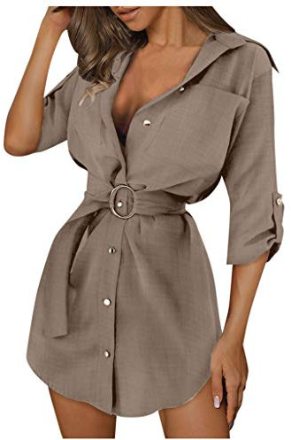 BAULMD Elastischem Verband Slim T-Shirt Oberteil, Damen Slim T-Shirt Kleid, Elegant Blusenkleid V-Ausschnitt Langarm Herbst mit Einfarbig Freizeitkleid Knöpfen Hemdenkleid Shortkleid (Khaki, XL)