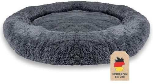 INTIRILIFE Flauschiges Plüsch Haustierbett in Dunkel Grau Durchmesser 100 cm - Weiches rundes rutschfestes Hundebett Katzenbett Kissen Komfortables Hundesofa Katzensofa für Hunde und Katzen