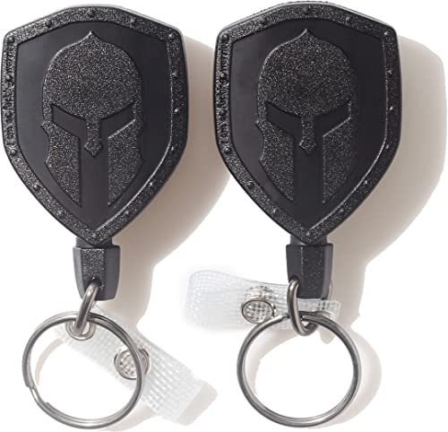 2er Pack einziehbare Schlüsselanhänger & Schlüsselbänder ausziehbar Taktischer Heavy Duty Ausweishalter Einziehbar - Robustes Schlüsseljojo mit Spartan Schild-Design