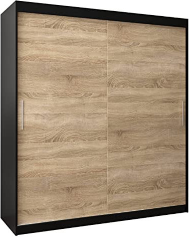 ABIKSMEBLE Tokyo 180 - Armadietto con ante scorrevoli e ripiano per camera da letto, colore: nero opaco + rovere Sonoma