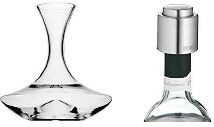 WMF Weindekanter mit Hohlboden 1,5l, Glas, Dekantierflasche für Rotwein, Weinbelüfter, pflegeleicht, formschön, edel, hochwertig & Clever&More Weinverschluss mit Aufschrift, Wein