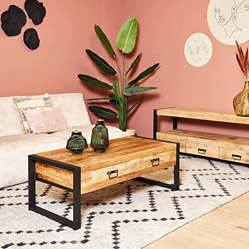 Couchtisch Boaz mit 2 Schubladen | 120 cm | Mangoholz & Metallmöbel | Industrielle Einrichtung