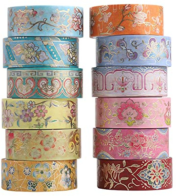LGEGE 12 rullar Washi Tape i kinesisk stil, 15 mm bred, blomma, klassiskt mönster, japansk maskeringstejp för dekoration av scrapbook, Bullet Journal (2m)